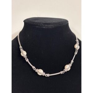 Women Necklace Silver Tone Faux Pearl Station Ornate Cage Wheat Chain 17 Inch
